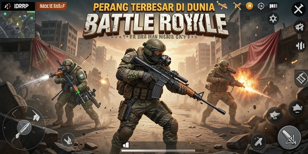 Screenshot utama IDRRP menampilkan gameplay mendebarkan dalam pertempuran Battle Royale.
