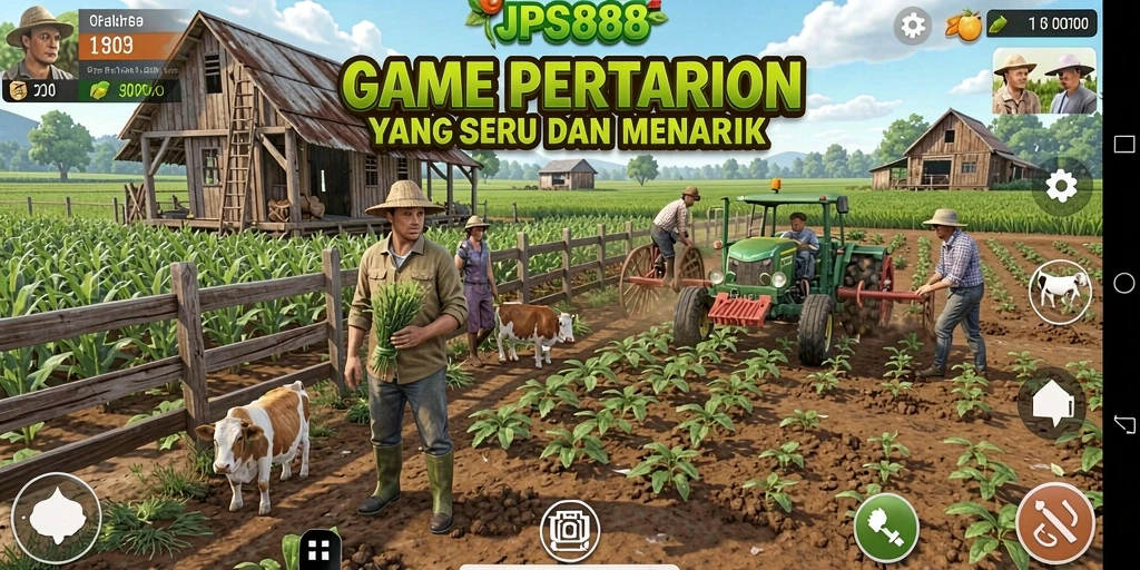 Tangkapan layar dari gameplay JPS888 dengan aktivitas bertani dan panen.