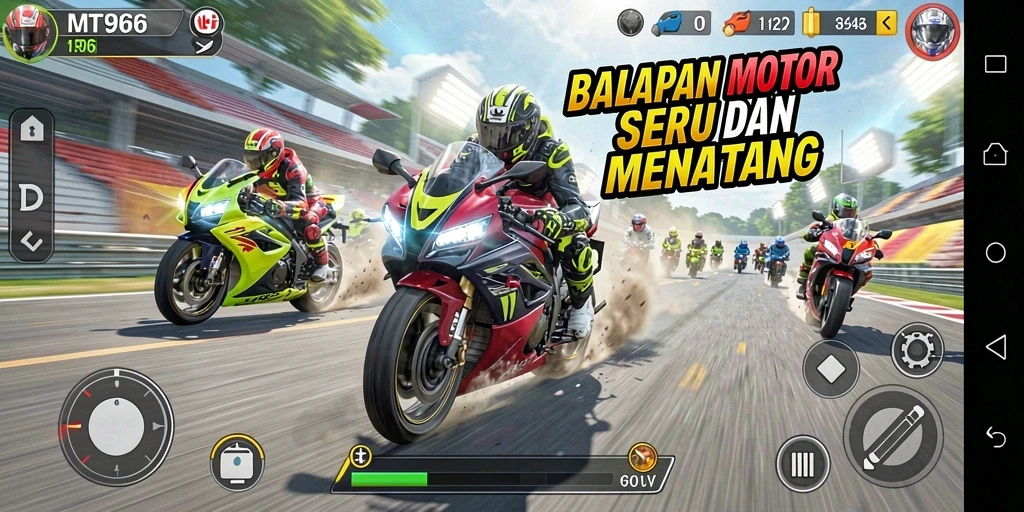 Screenshot gameplay MT966 menampilkan aksi balapan motor yang mendebarkan.