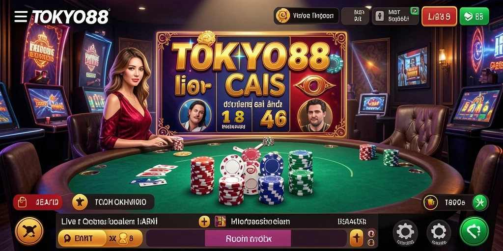 Screenshot gameplay TOKYO88 memperlihatkan dealer profesional dan suasana kasino yang nyata.