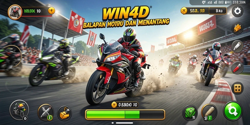 Screenshot gameplay WIN4D menampilkan balapan motor yang mendebarkan.